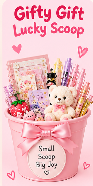 Gifty Gift Lucky Scoop with cute stationery, plush teddy bear and gift items in a pink scoop bucket