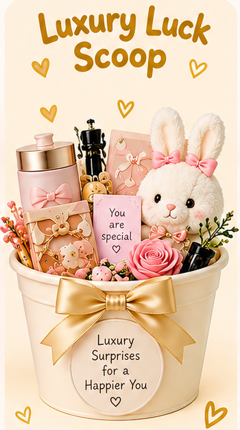 Luxury Luck Scoop with elegant gift items, plush bunny and accessories in a cream scoop bucket