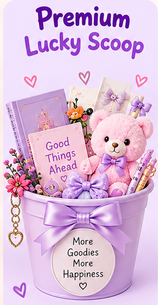Premium Lucky Scoop with pastel stationery, plush teddy bear and gift items in a lavender scoop bucket
