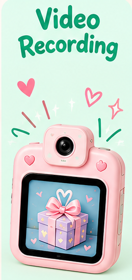Video Recording add-on illustration with a cute pink camera and gift box